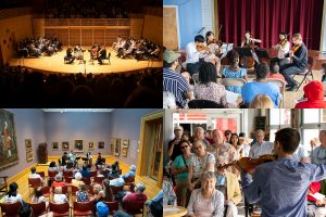 A photo composite showing images of Bowdoin International Music Festival concert-goers at different venues throughout Maine